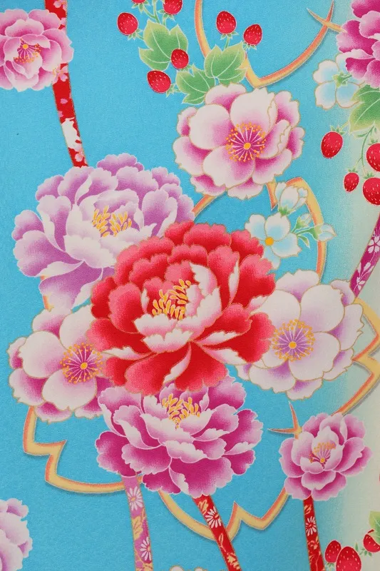 七五三(7歳女児)473/水色ﾋﾟﾝｸぼかし牡丹といちご