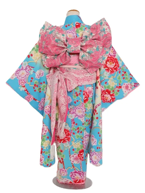 七五三(7歳女児)473/水色ﾋﾟﾝｸぼかし牡丹といちご