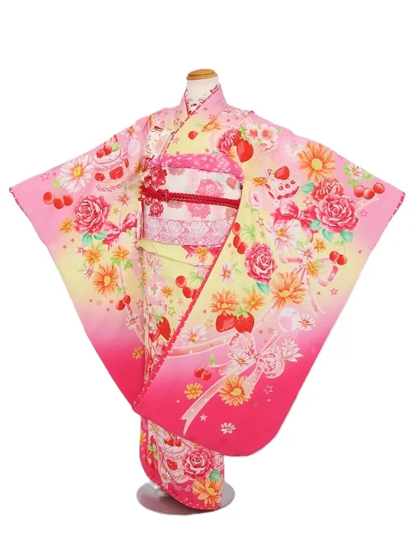 七五三(7歳女児)475/黄色とﾋﾟﾝｸぼかしﾘﾎﾞﾝとｹｰｷ洋花