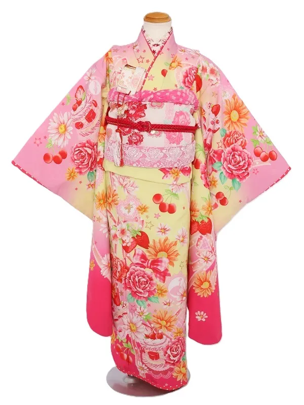 七五三(7歳女児)475/黄色とﾋﾟﾝｸぼかしﾘﾎﾞﾝとｹｰｷ洋花