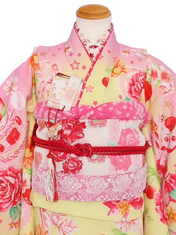 七五三(7歳女児)475/黄色とﾋﾟﾝｸぼかしﾘﾎﾞﾝとｹｰｷ洋花