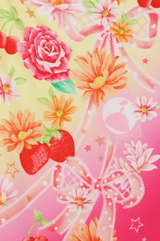 七五三(7歳女児)475/黄色とﾋﾟﾝｸぼかしﾘﾎﾞﾝとｹｰｷ洋花