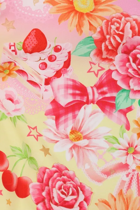 七五三(7歳女児)475/黄色とﾋﾟﾝｸぼかしﾘﾎﾞﾝとｹｰｷ洋花