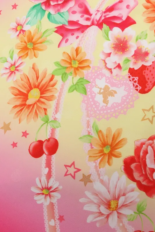 七五三(7歳女児)475/黄色とﾋﾟﾝｸぼかしﾘﾎﾞﾝとｹｰｷ洋花