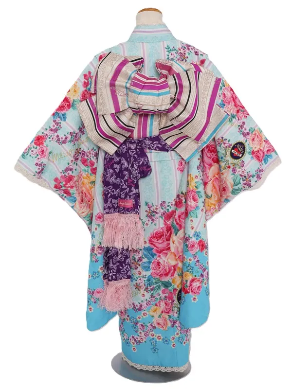 七五三(7歳女児)476/水色紫ｽﾄﾗｲﾌﾟ洋花