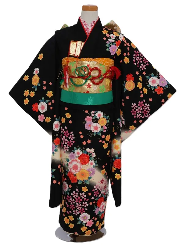 七五三(7歳女児)480/黒地白ぼかしｶﾗﾌﾙ小花