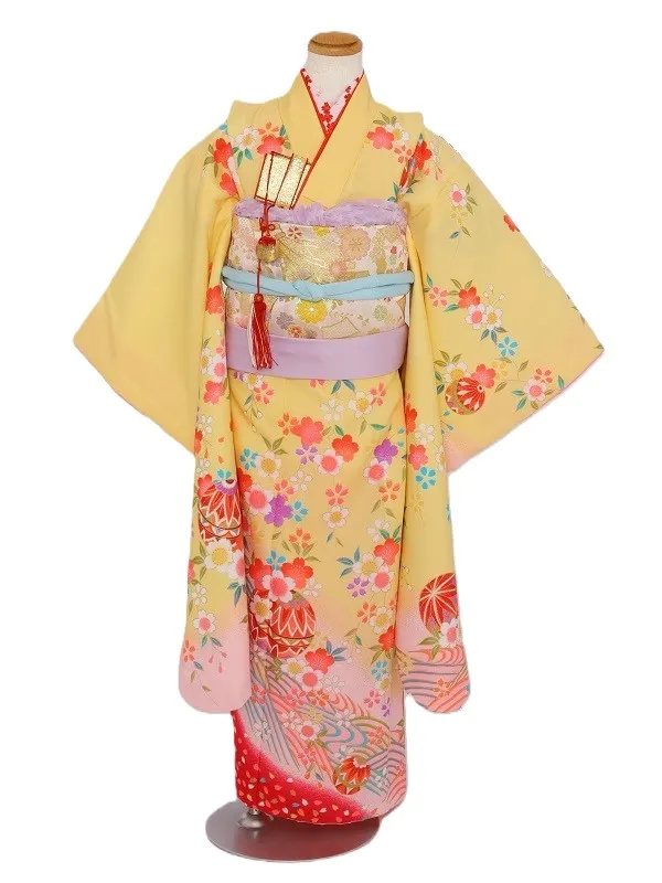 七五三(7歳女児)481/うす黄色青海波手毬桜