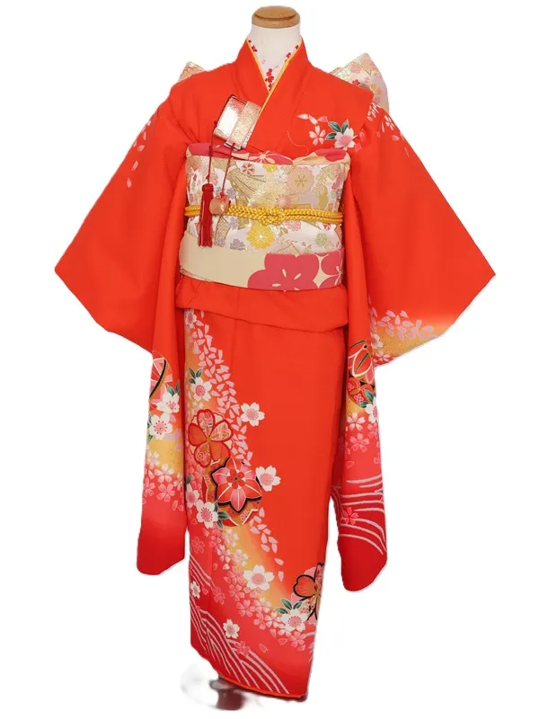 七五三(7歳女児)489/朱色黄色ぼかし青海波