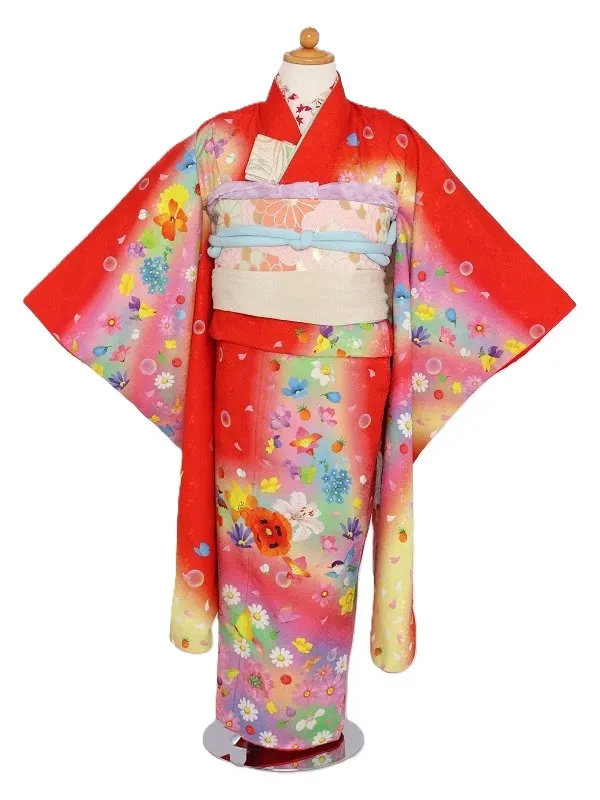 七五三(7歳女児)501/赤地花模様ｼｬﾎﾞﾝ玉