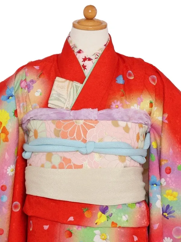 七五三(7歳女児)501/赤地花模様ｼｬﾎﾞﾝ玉