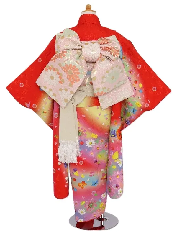 七五三(7歳女児)501/赤地花模様ｼｬﾎﾞﾝ玉
