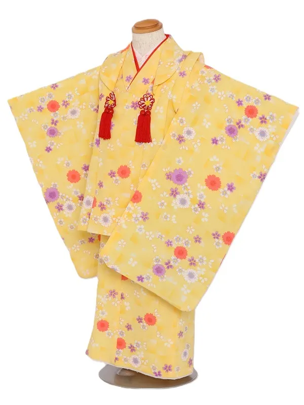 七五三(3歳女児)518/黄色 市松ﾋﾟﾝｸ紫桜