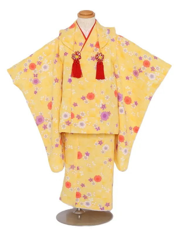 七五三(3歳女児)518/黄色 市松ﾋﾟﾝｸ紫桜