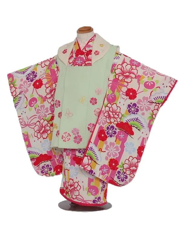 七五三(3歳女児)522/ｱｲﾎﾞﾘｰ地 ﾋﾟﾝｸと黄色縦線うさぎ椿
