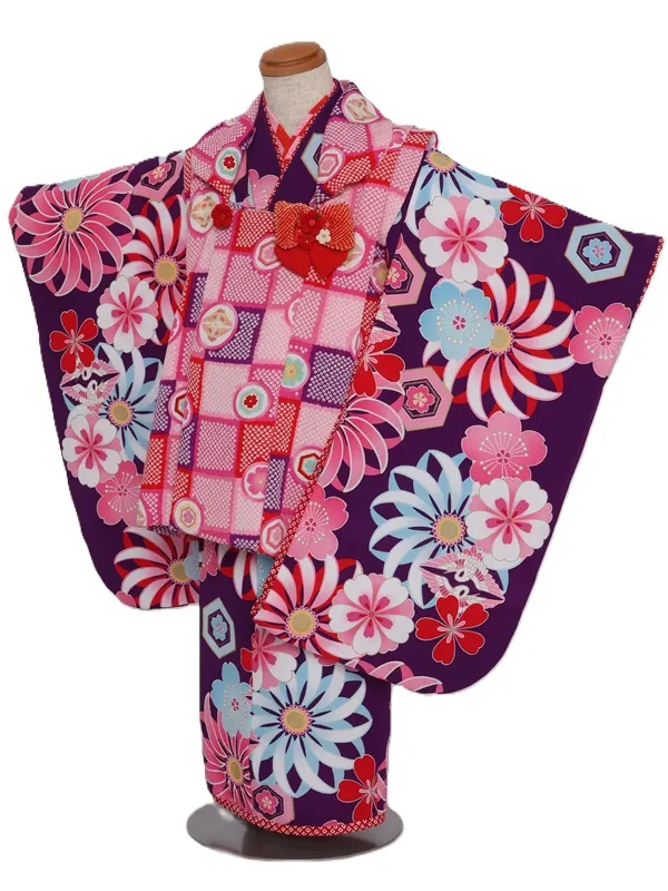 七五三(3歳女児)546/紫地 大菊水色ﾋﾟﾝｸと桜