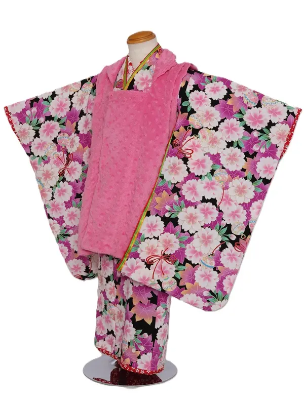 七五三(3歳女児)549/黒地 紫紅葉ﾋﾟﾝｸ八重桜