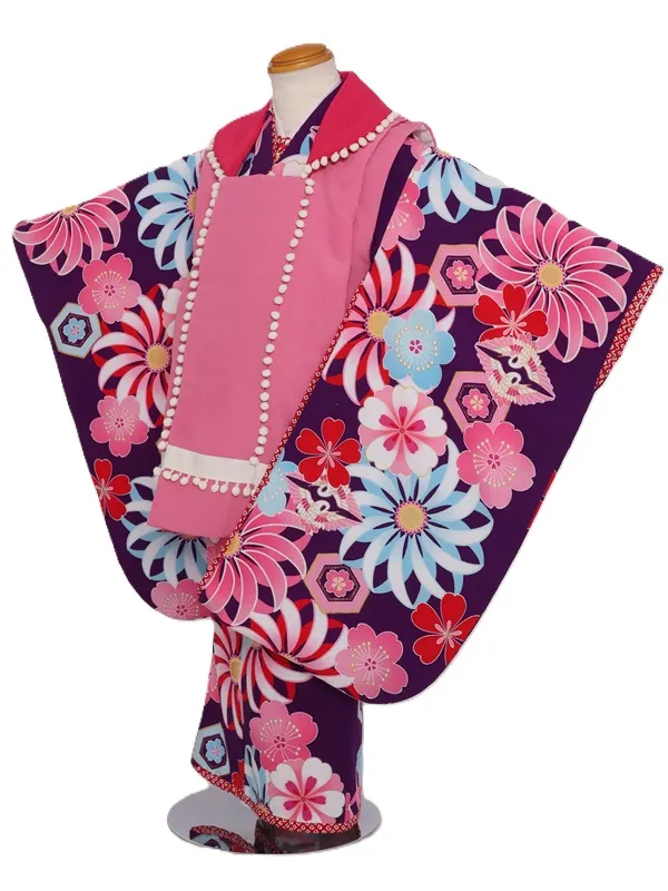 七五三(3歳女児)563/紫地 大菊水色ﾋﾟﾝｸと桜