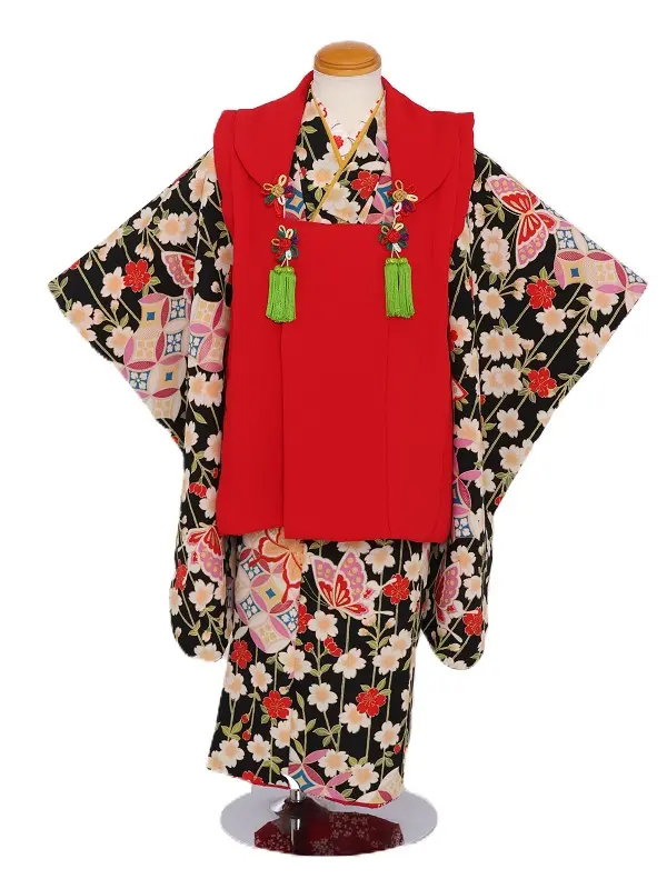 七五三(3歳女児)568/黒地にしだれ桜七宝に蝶々
