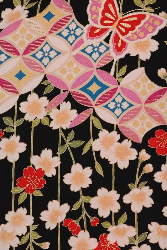 七五三(3歳女児)568/黒地にしだれ桜七宝に蝶々