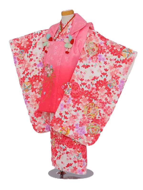 七五三(3歳女児)569/白地 ﾋﾟﾝｸ桜づくしに手毬