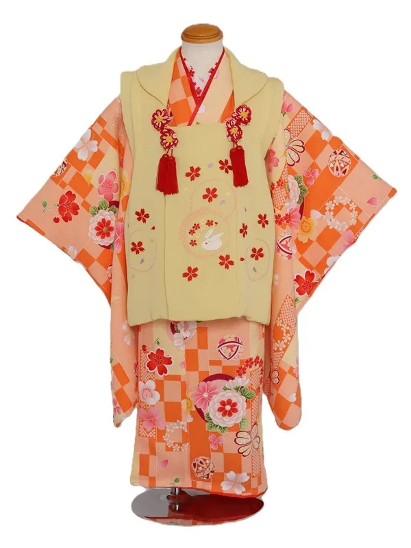 七五三(3歳女児)570ｵﾚﾝｼﾞ市松短冊四つ葉