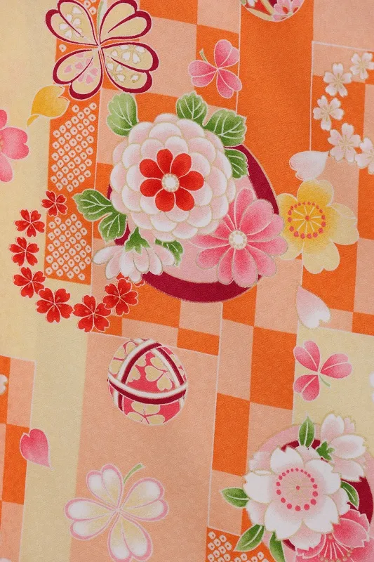 七五三(3歳女児)570ｵﾚﾝｼﾞ市松短冊四つ葉