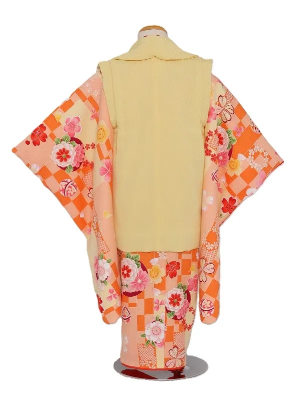 七五三(3歳女児)570ｵﾚﾝｼﾞ市松短冊四つ葉