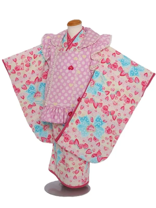 七五三(3歳女児)571/ｱｲﾎﾞﾘｰﾌﾞﾙｰﾘﾎﾞﾝにいちごﾊﾞﾗ柄