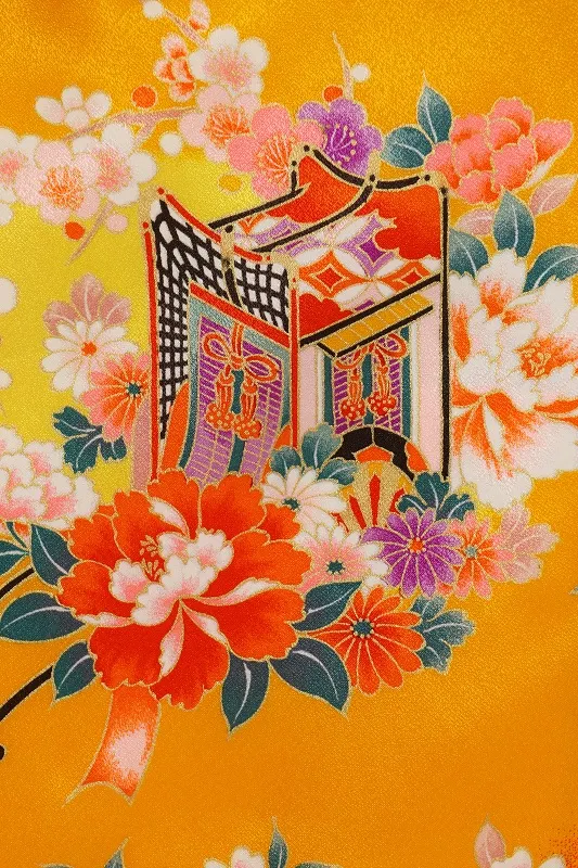 女児袴(3女)57山吹色御所車に花×紺袴