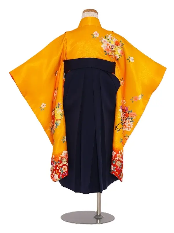 女児袴(3女)57山吹色御所車に花×紺袴
