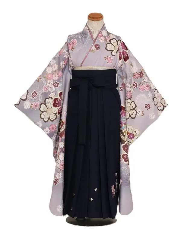 女児袴(7女)352ﾍﾟｰﾙｸﾞﾚｰ ﾚｰｽのﾊｰﾄ 桜×紺袴