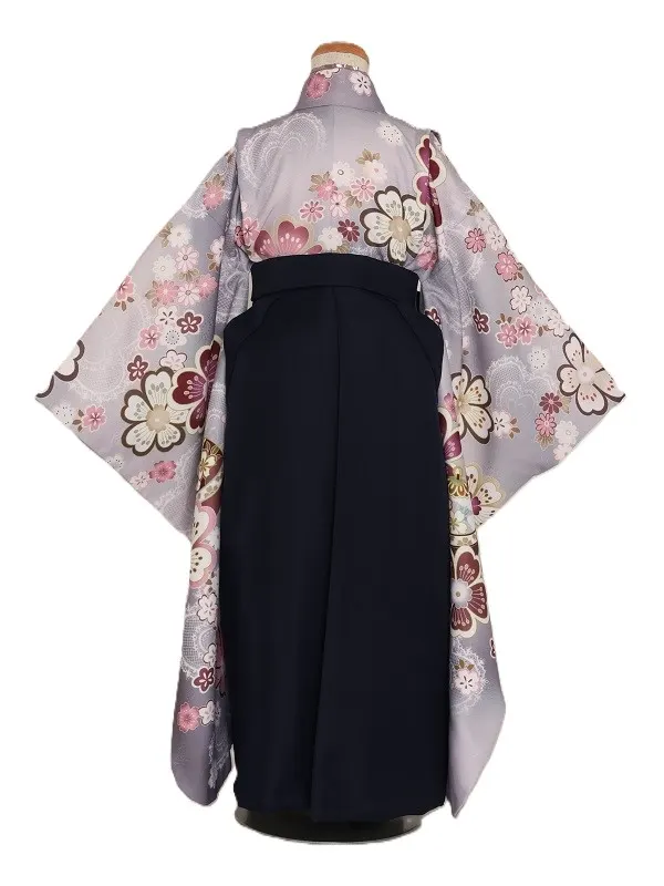 女児袴(7女)352ﾍﾟｰﾙｸﾞﾚｰ ﾚｰｽのﾊｰﾄ 桜×紺袴