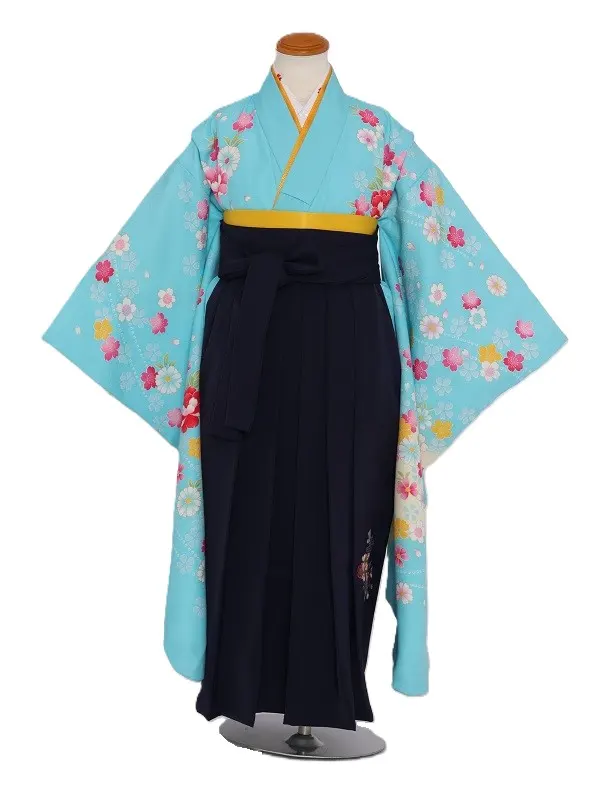 女児袴(7女)446水色うす黄色と紫ぼかし手毬に小花No.2×紺袴