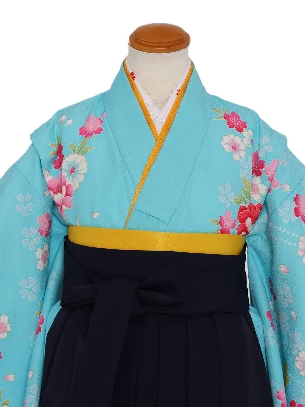 女児袴(7女)446水色うす黄色と紫ぼかし手毬に小花No.2×紺袴