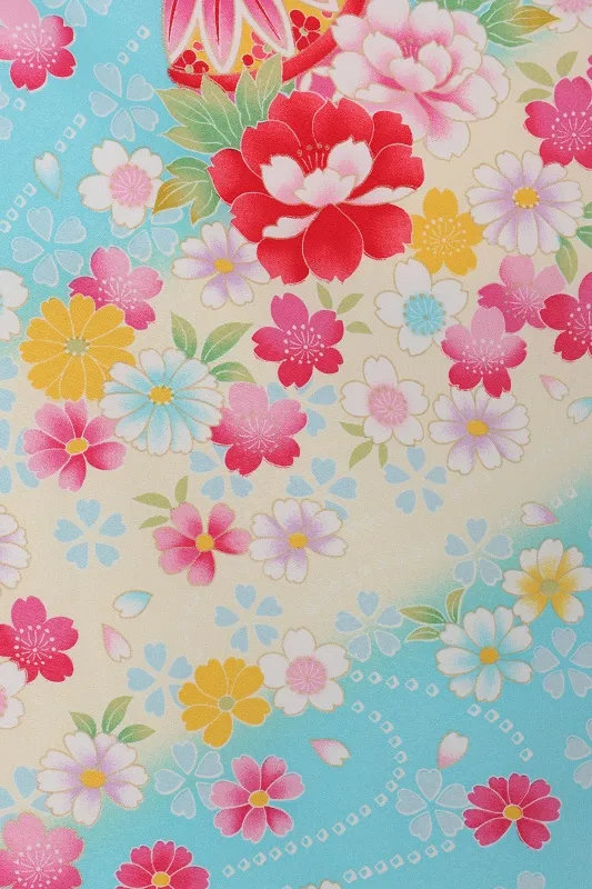 女児袴(7女)446水色うす黄色と紫ぼかし手毬に小花No.2×紺袴