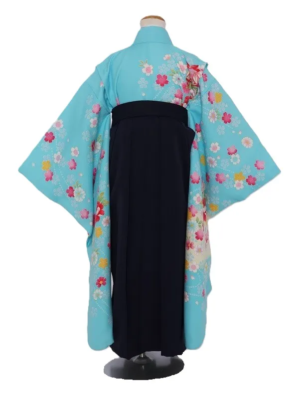 女児袴(7女)446水色うす黄色と紫ぼかし手毬に小花No.2×紺袴