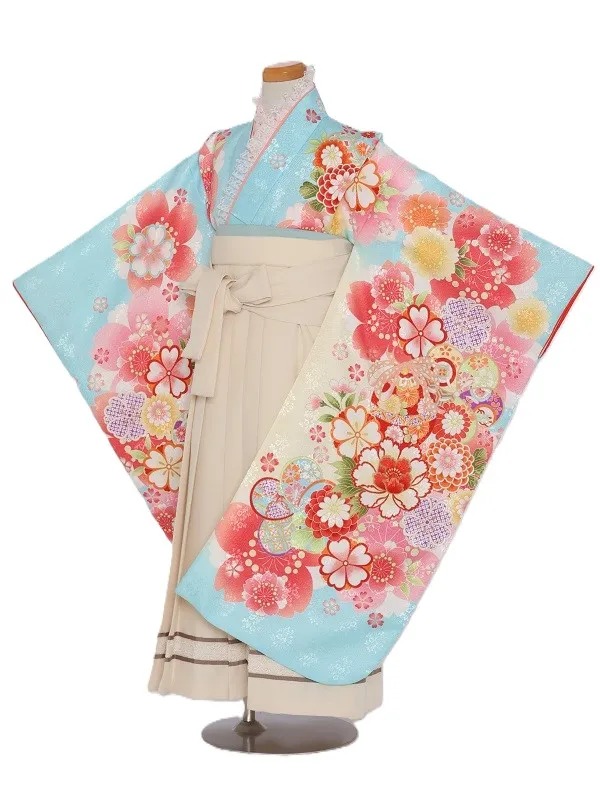 女児袴(7女)447水色うす黄色ぼかし手毬桜牡丹×白袴
