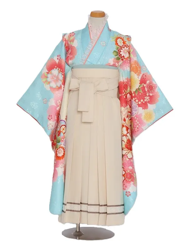 女児袴(7女)447水色うす黄色ぼかし手毬桜牡丹×白袴