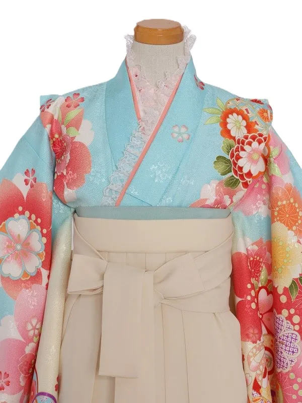 女児袴(7女)447水色うす黄色ぼかし手毬桜牡丹×白袴