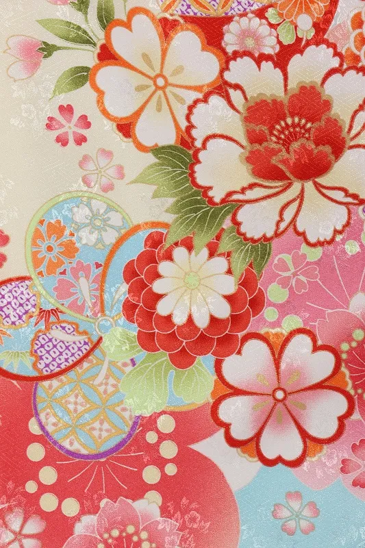 女児袴(7女)447水色うす黄色ぼかし手毬桜牡丹×白袴