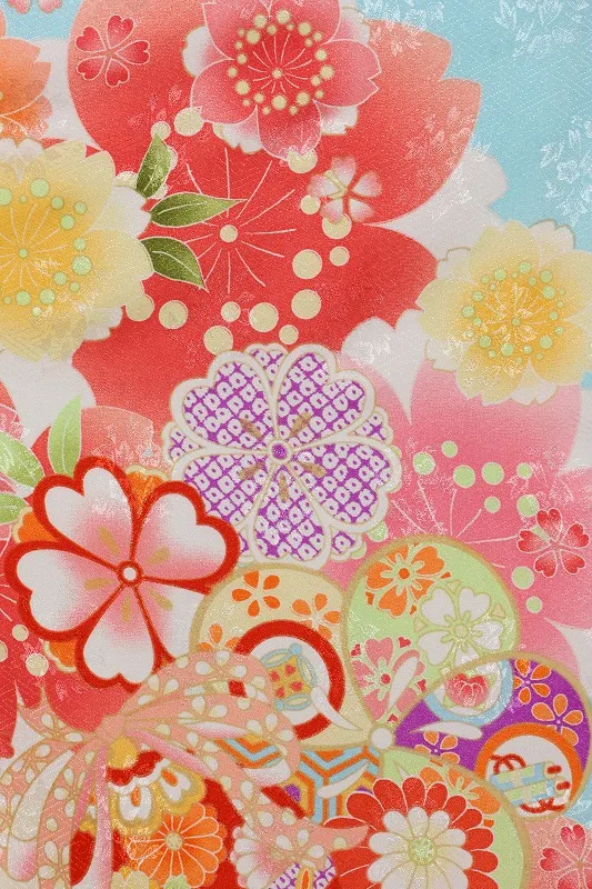 女児袴(7女)447水色うす黄色ぼかし手毬桜牡丹×白袴