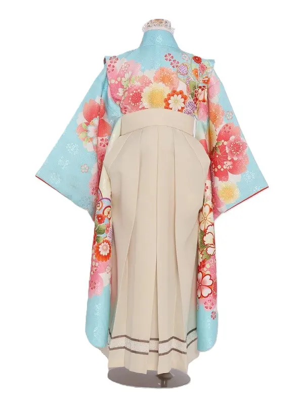 女児袴(7女)447水色うす黄色ぼかし手毬桜牡丹×白袴