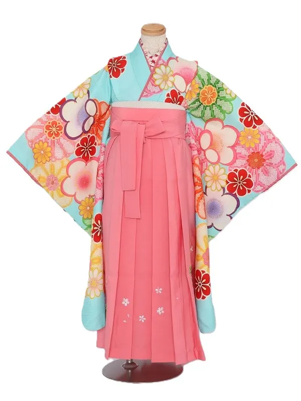 女児袴(7女)466水色ｶﾗﾌﾙ菊柄×ﾋﾟﾝｸ袴