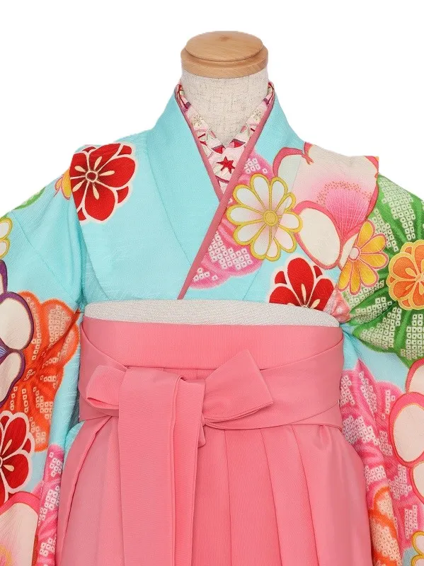 女児袴(7女)466水色ｶﾗﾌﾙ菊柄×ﾋﾟﾝｸ袴