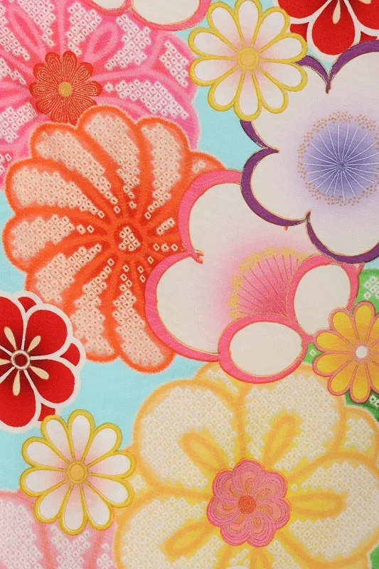 女児袴(7女)466水色ｶﾗﾌﾙ菊柄×ﾋﾟﾝｸ袴