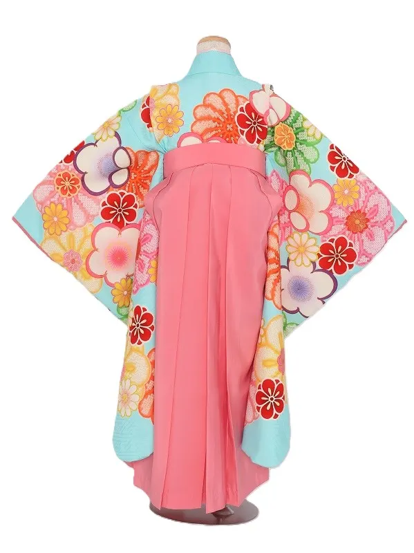 女児袴(7女)466水色ｶﾗﾌﾙ菊柄×ﾋﾟﾝｸ袴