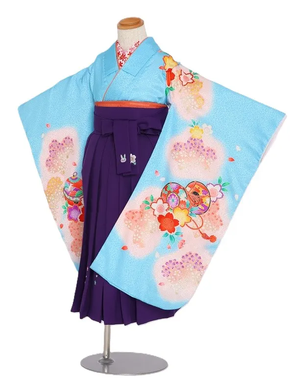 女児袴(5女)556水色にうすﾋﾟﾝｸぼかし鈴に桜×紫袴