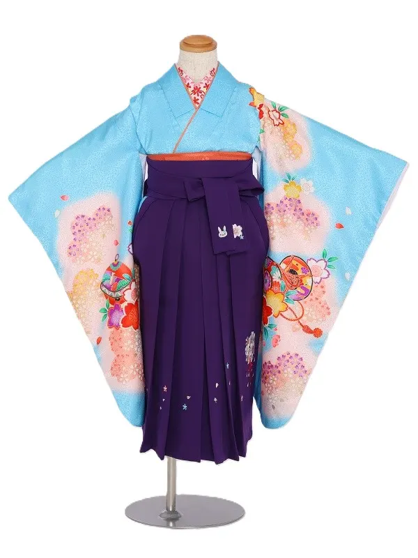 女児袴(5女)556水色にうすﾋﾟﾝｸぼかし鈴に桜×紫袴