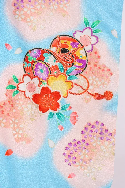 女児袴(5女)556水色にうすﾋﾟﾝｸぼかし鈴に桜×紫袴