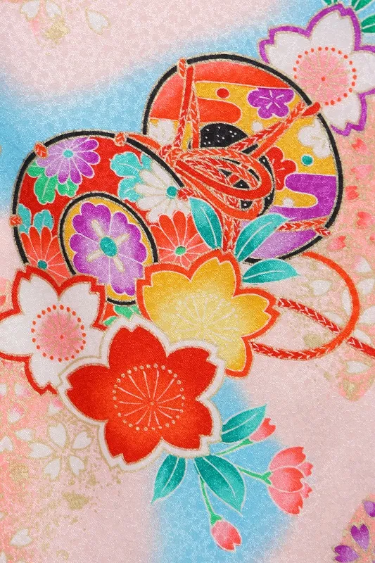 女児袴(5女)556水色にうすﾋﾟﾝｸぼかし鈴に桜×紫袴